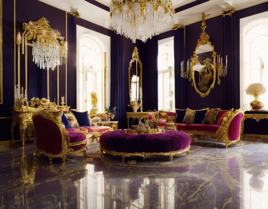 Luxurious Purple and Gold Room with Chandeliers and Marble Floors