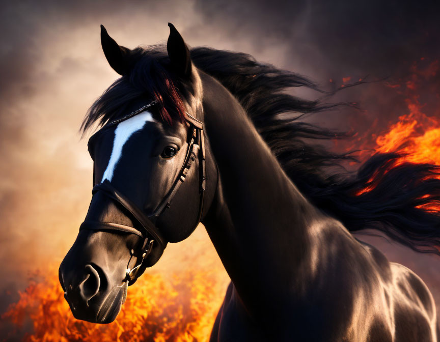 Majestic black horse with flowing mane in front of fiery orange clouds