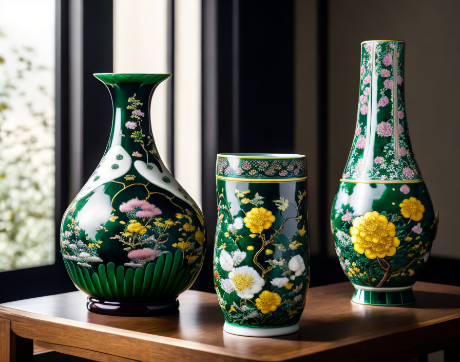 Three ornate green vases with floral patterns on wooden table near window