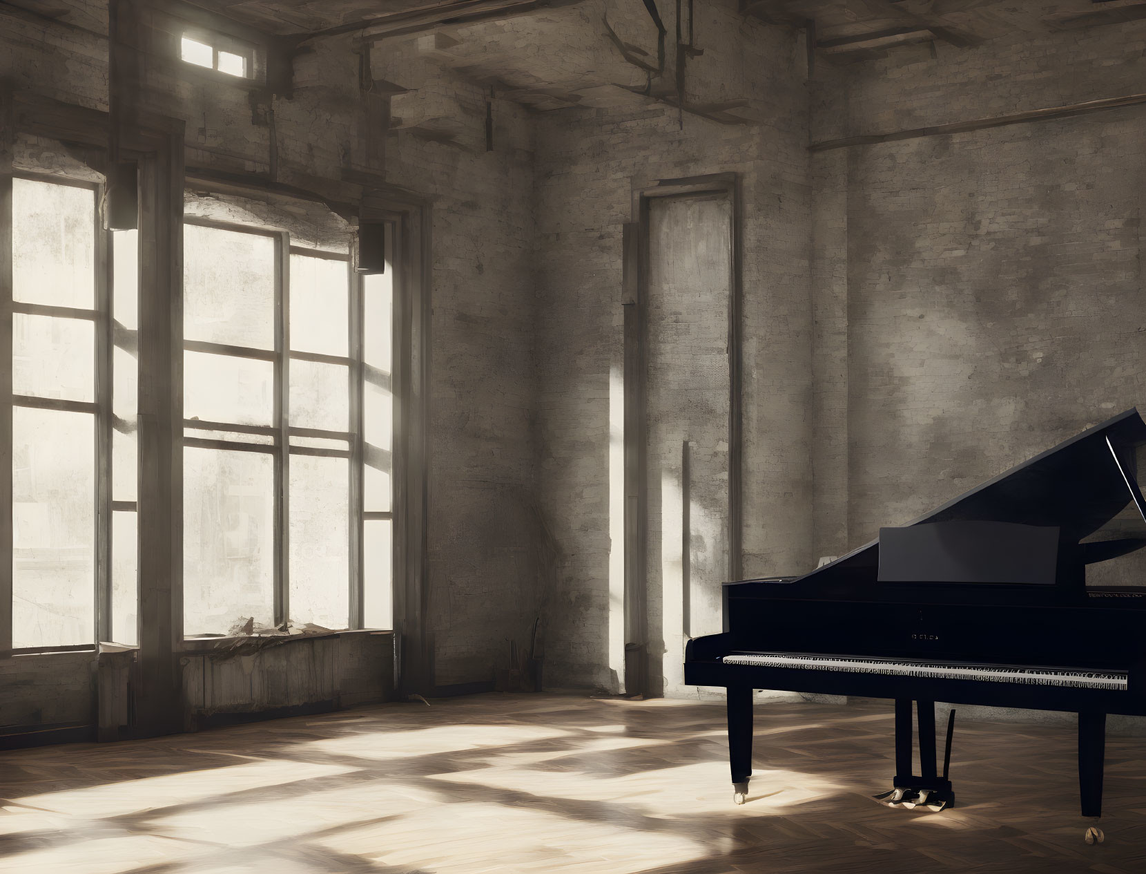 Grand piano in spacious room with large windows and dusty walls