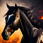 Majestic black horse with flowing mane in front of fiery orange clouds