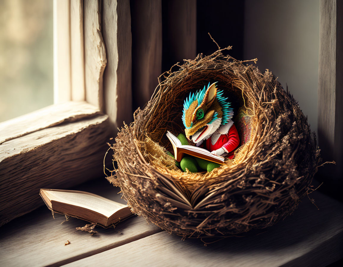 Colorful Toy Dinosaur Reading Book in Bird's Nest by Window