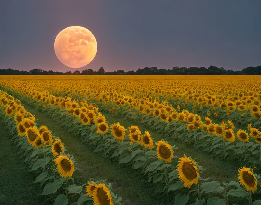 Vast field of blooming sunflowers under a full moon