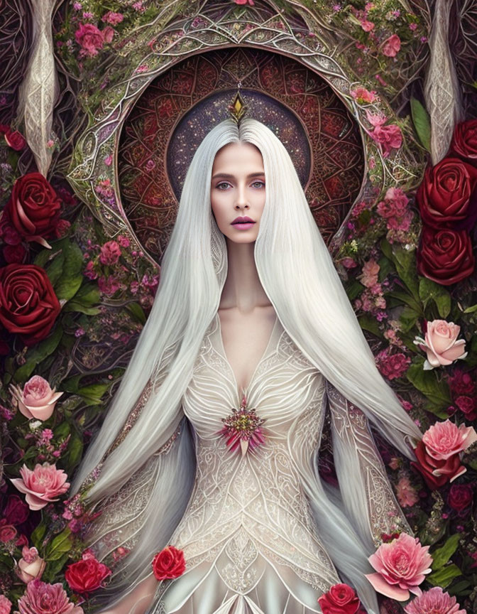 Ethereal woman with long white hair in crown, surrounded by roses on mystical backdrop