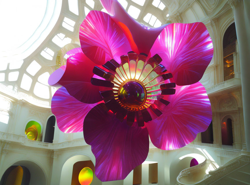 Large-scale pink and purple flower sculpture in white interior with skylight