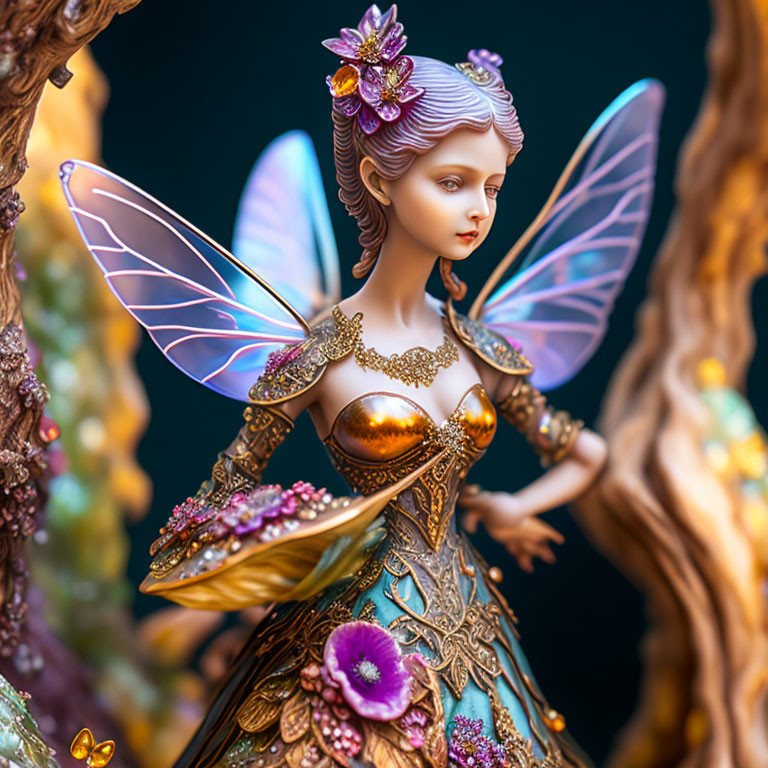 Intricate fairy figurine with translucent wings and golden floral attire against nature backdrop