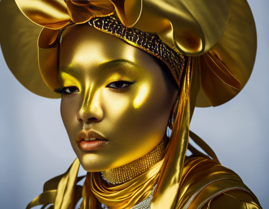 Golden headgear and makeup creating metallic skin effect