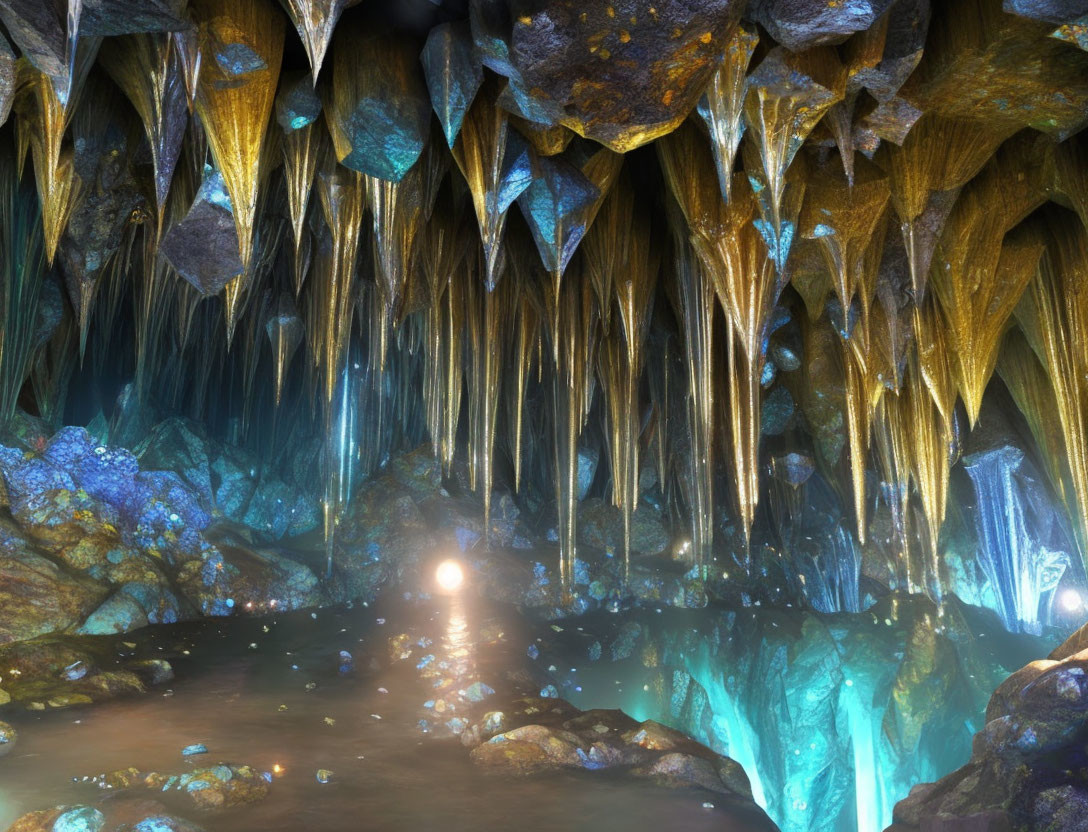 Luminous subterranean cave with blue and gold stalactites & reflective water pool