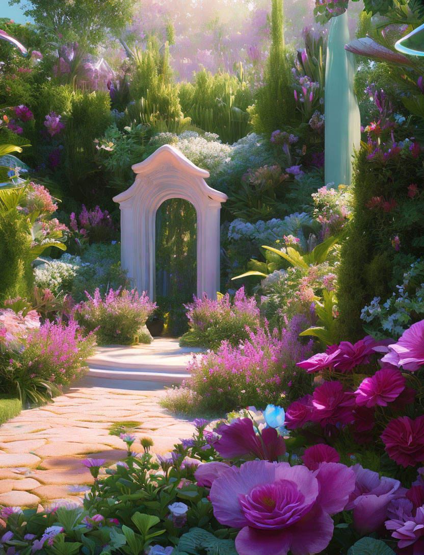 Enchanting garden scene with stone path, ornate door, vibrant flowers