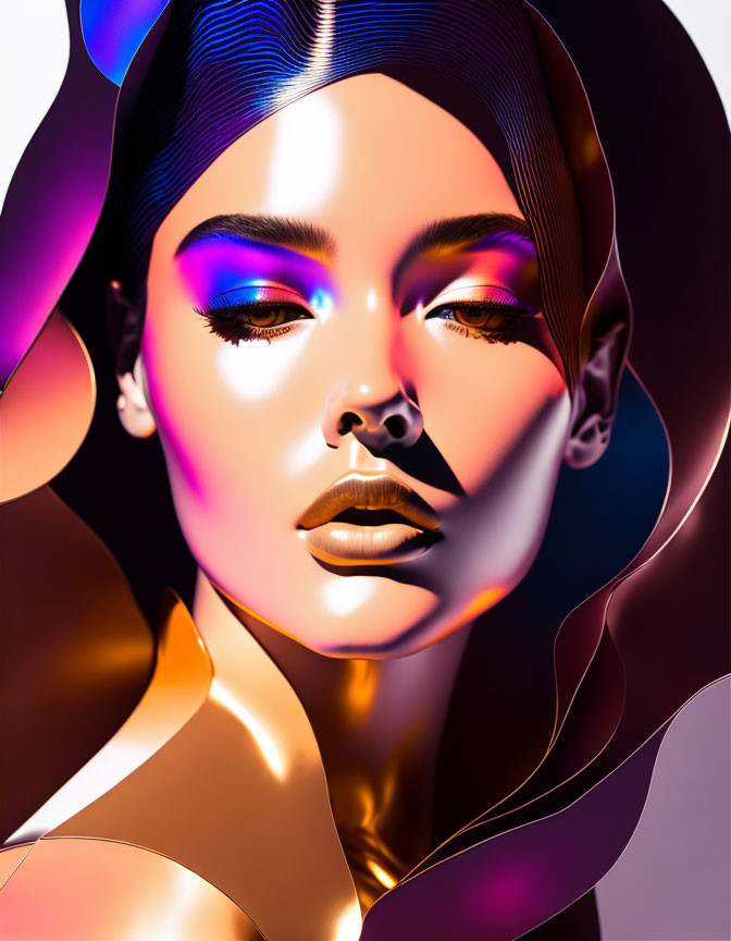 Stylized digital artwork of a woman with vibrant blue and purple makeup