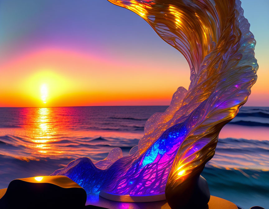 Spiral sculpture with blue and amber lights on rocky surface at ocean sunset