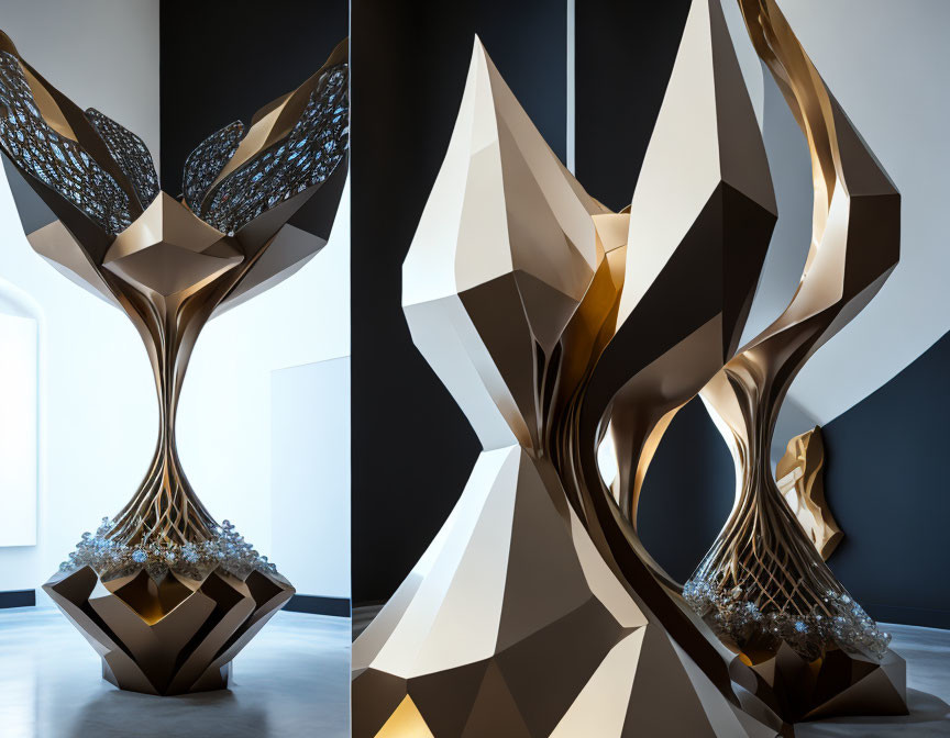 Abstract Twisted Form Sculpture with Golden Brown and White Facets