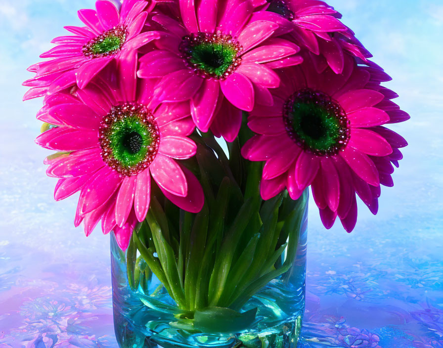 Vibrant pink gerbera daisies in glass vase on blue background