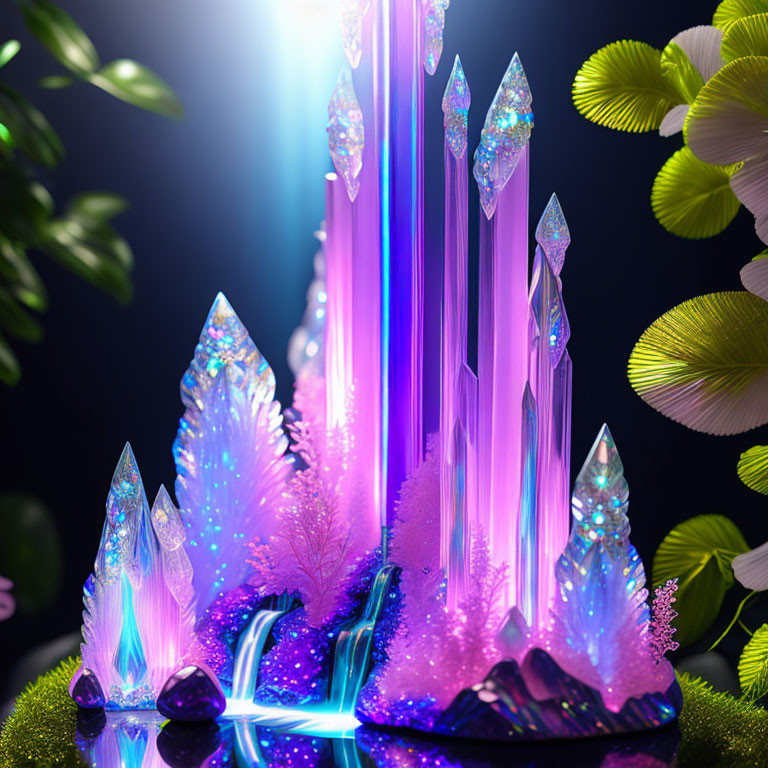 Digitally-rendered crystal landscape with radiant purples and blues and luminous foliage accents