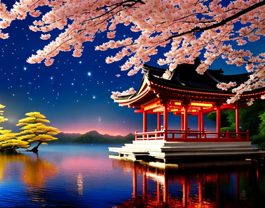 Tranquil night lake with red pagoda, cherry blossoms, starry sky, and tree