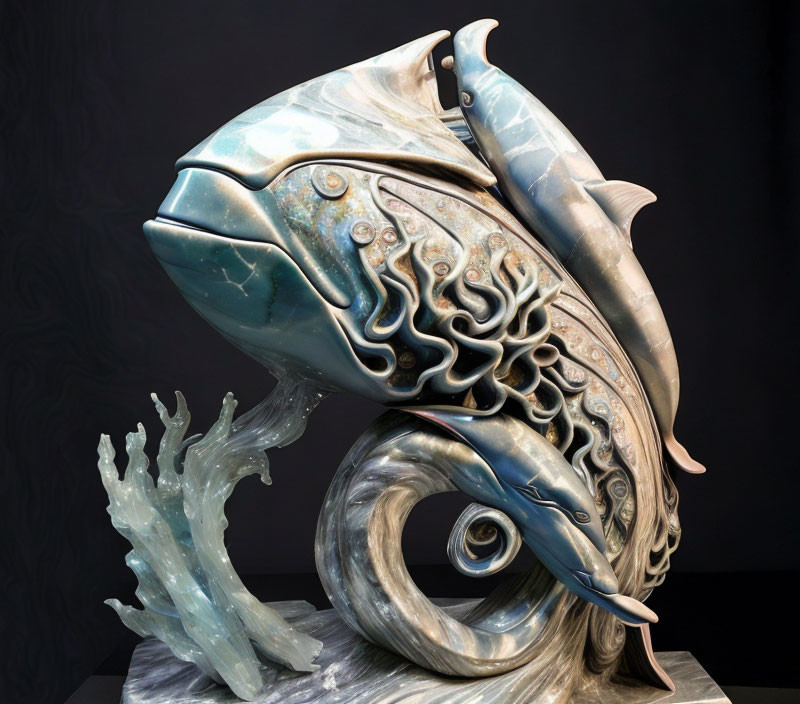 Stylized fish sculpture with ornamental patterns in blue and grey