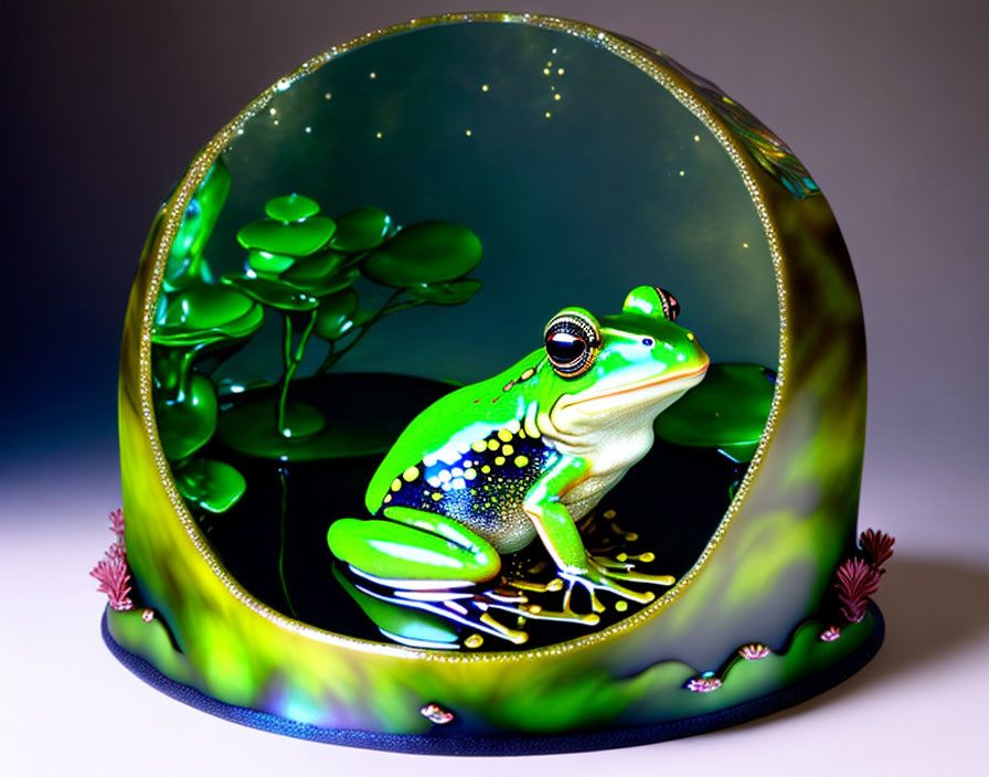 Colorful Frog Figurine on Leaf in Starry Night Dome with Floral Accents