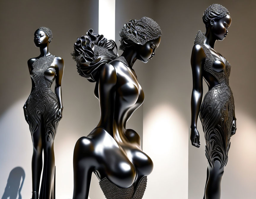 Metallic female mannequins in intricate designs on gradient background