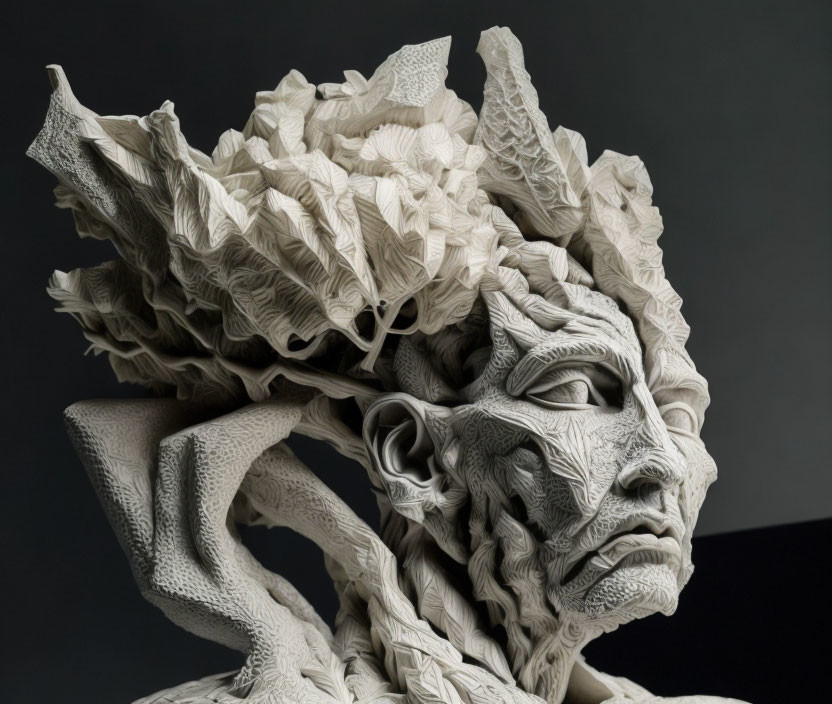 Detailed sculpture of a man's head with intricate patterns and textures