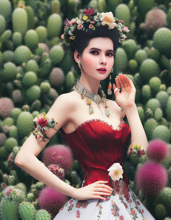 Woman in floral headpiece and red dress against cactus backdrop with striking makeup and jewelry