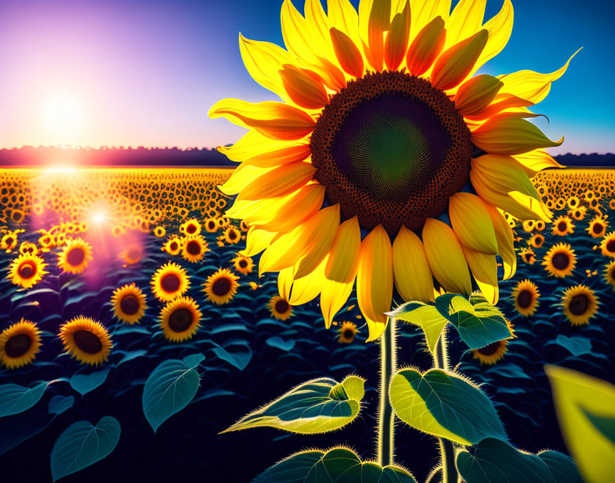 Vibrant sunflower in sunset field under clear sky