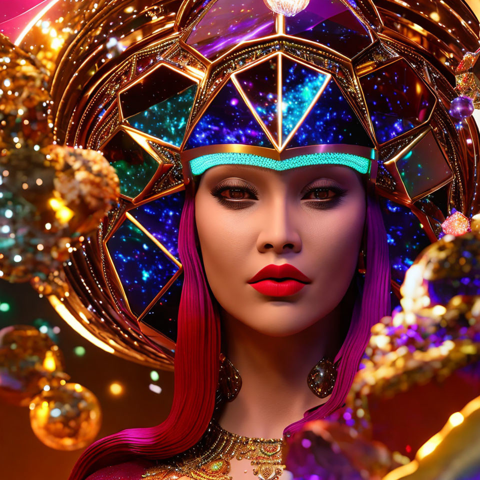 Colorful portrait of a woman with geometric headpiece and cosmic background