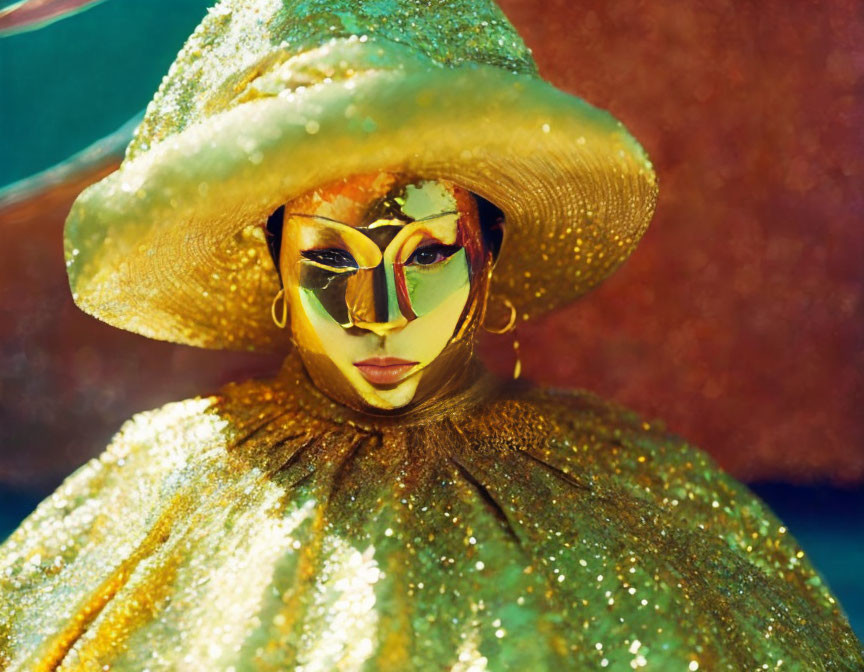 Glittery golden costume with wide-brimmed hat and green mask at festive event