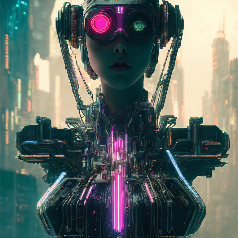 Futuristic female android in intricate armor against cyberpunk cityscape