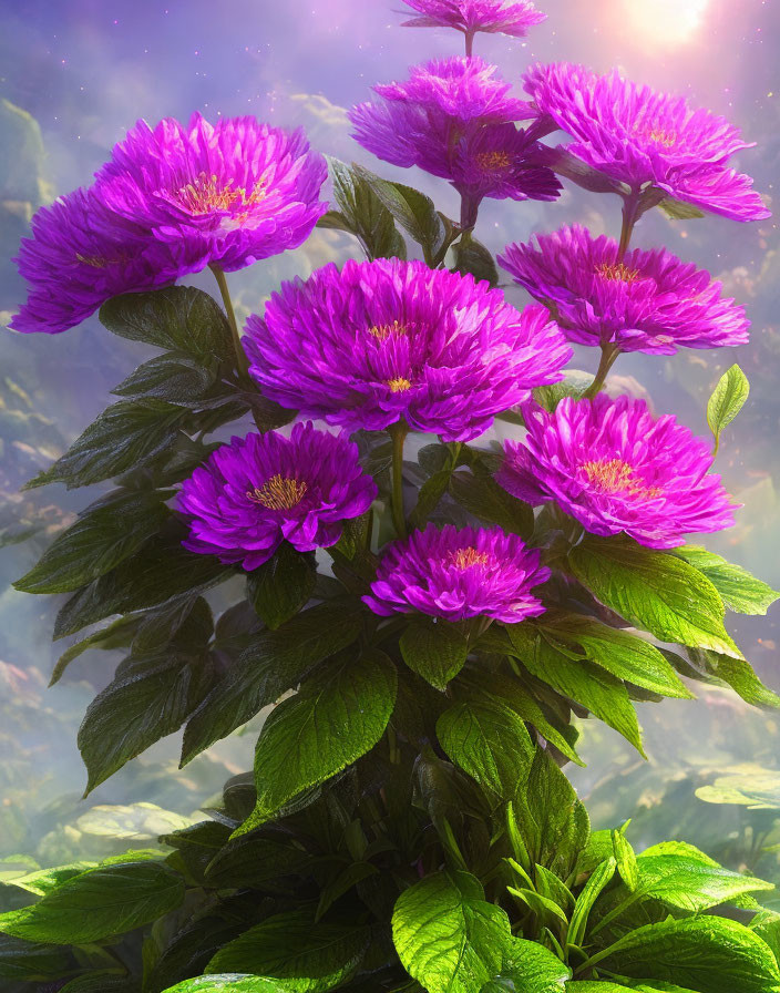 Lush green leaves with vibrant purple flowers under soft sunlight