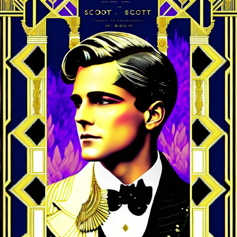 Art Deco style poster with man in tuxedo, slicked hair, golden & purple colors