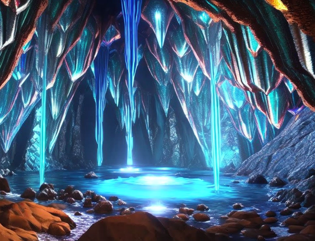 Mystical cave with iridescent stalactites and glowing blue pool