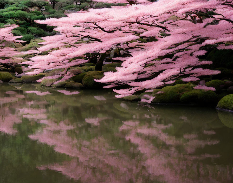 Pink cherry blossoms reflect in serene pond with moss-covered rocks