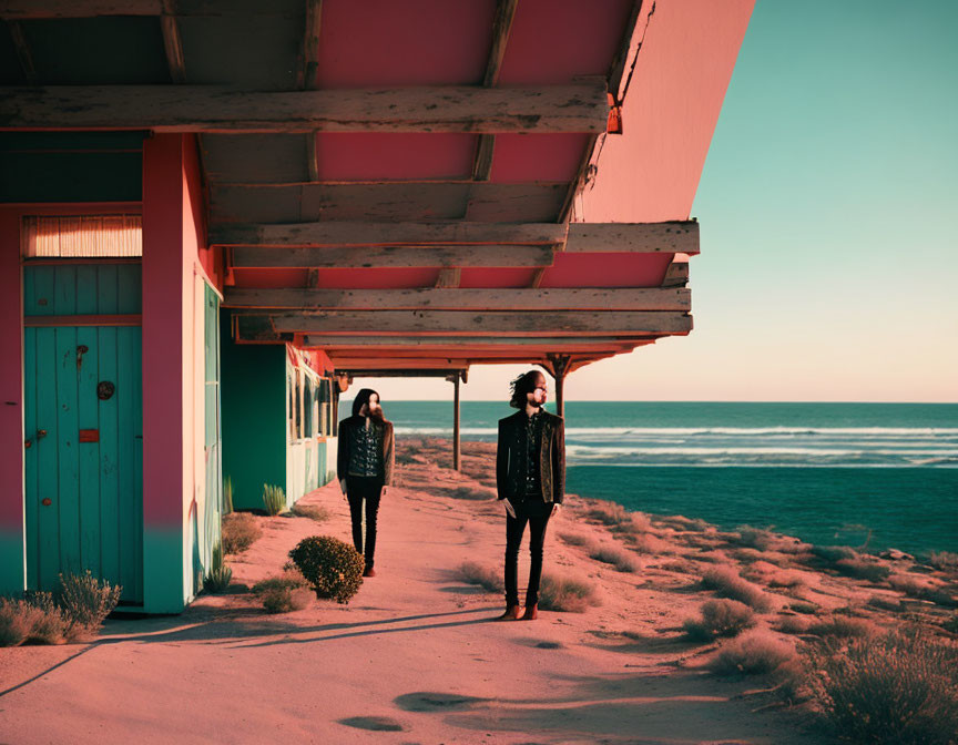 Two people in leather jackets walk by colorful building at sunset.