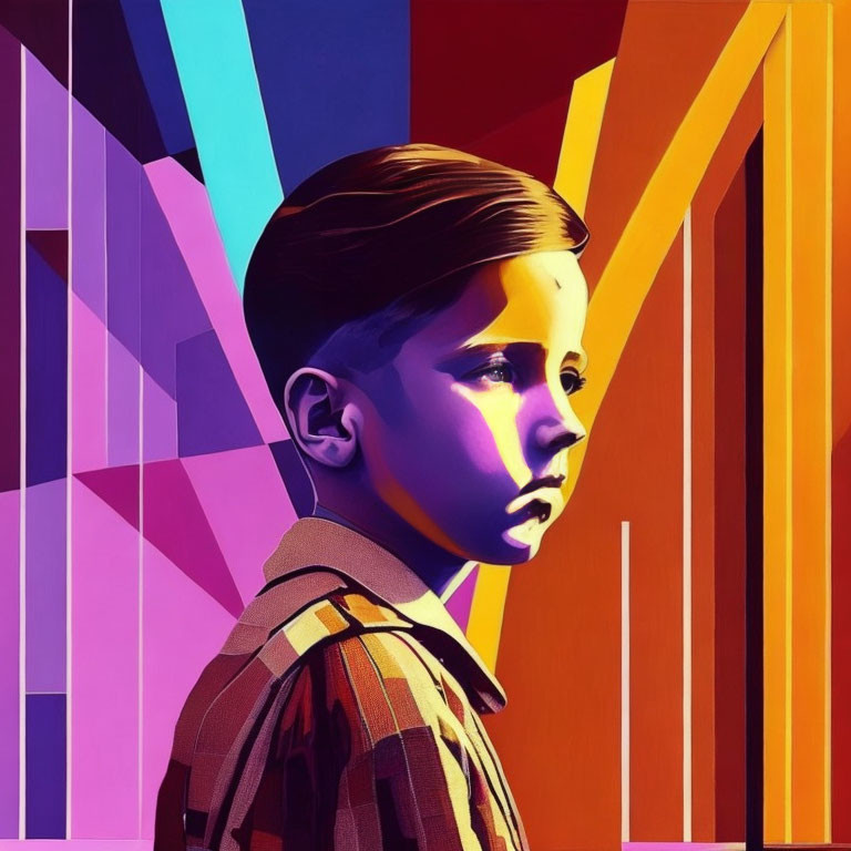 Colorful Stylized Portrait of Young Boy in Purple and Yellow Profile