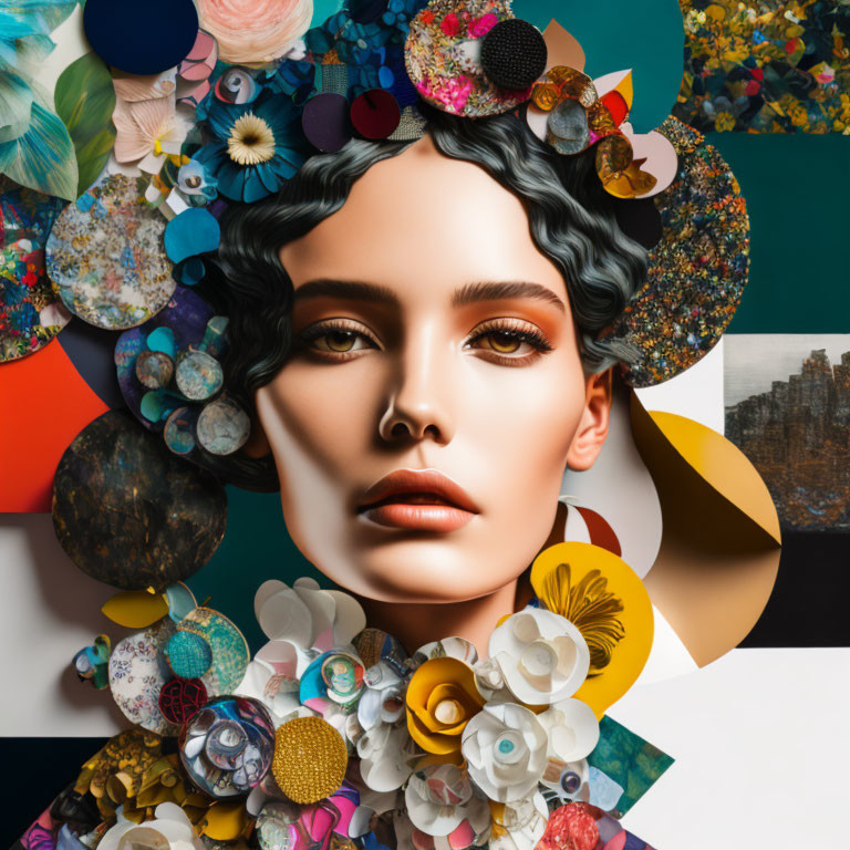 Colorful Surreal Female Portrait with Textured Circles & Patterns