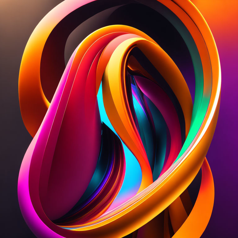 Abstract digital art: Vibrant, intertwining ribbons in warm gradient on dark background