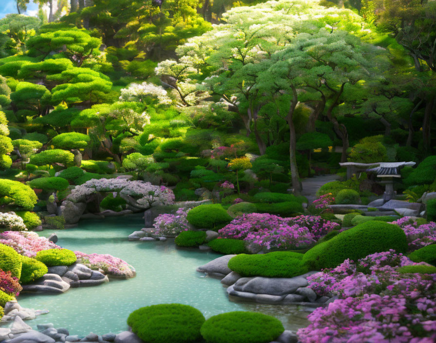 Tranquil Japanese Garden with Pruned Trees & Vibrant Shrubs