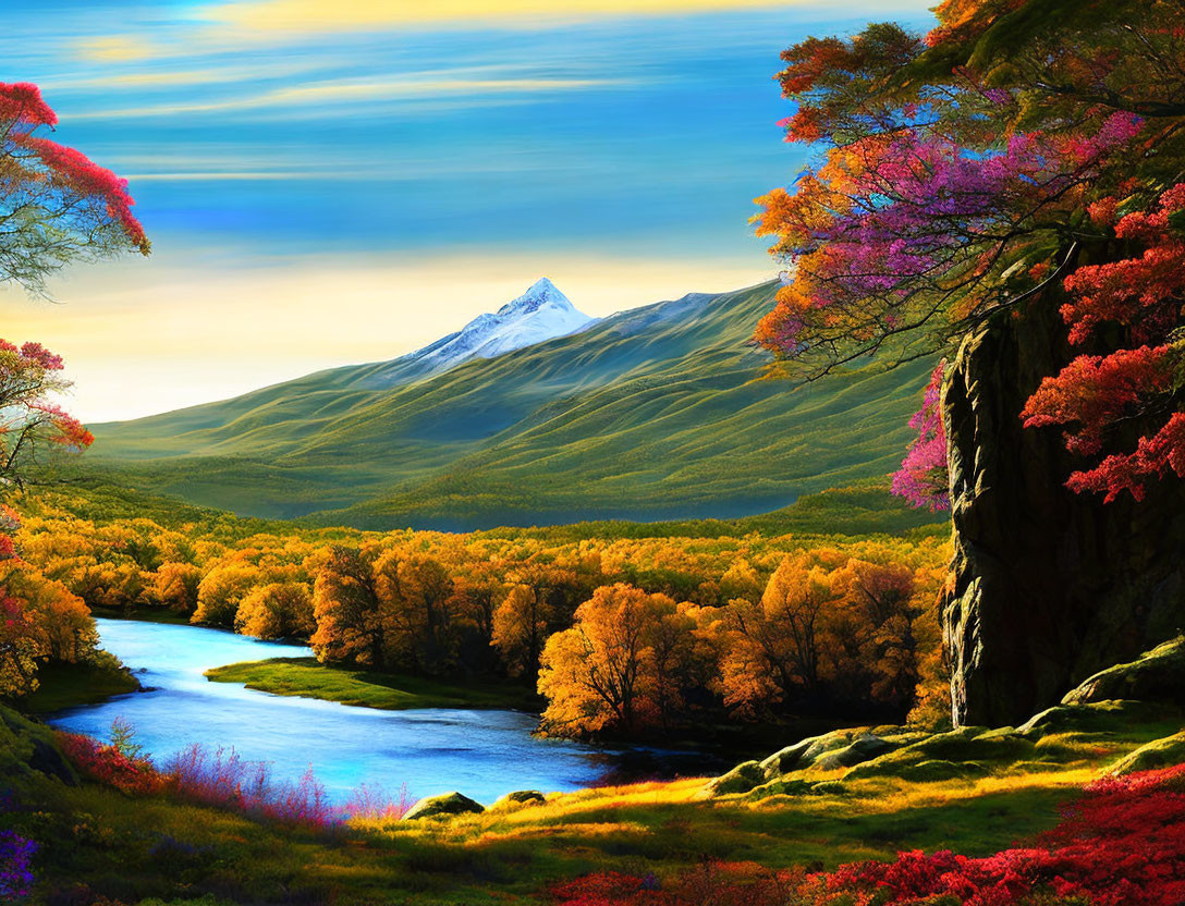 Snow-capped mountain, river, autumn trees in vibrant landscape