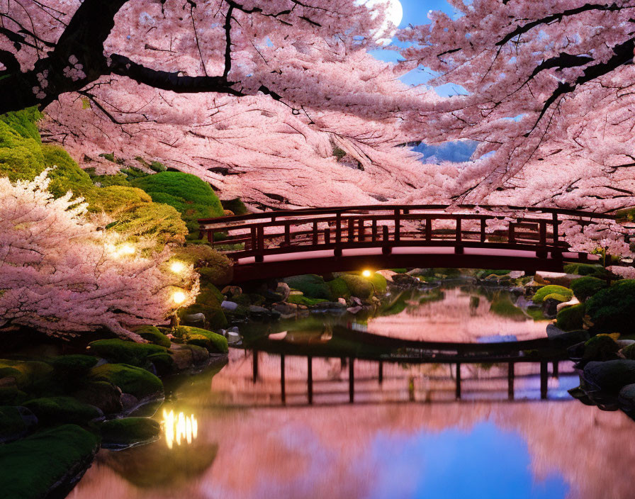 Tranquil red bridge over calm pond with cherry blossoms and mountain at twilight