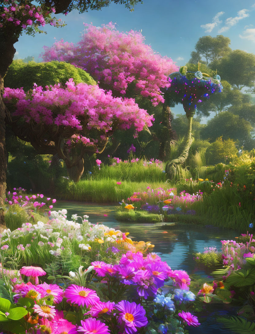 Vibrant pink trees, colorful flowers, and floating orbs in a serene fantasy garden