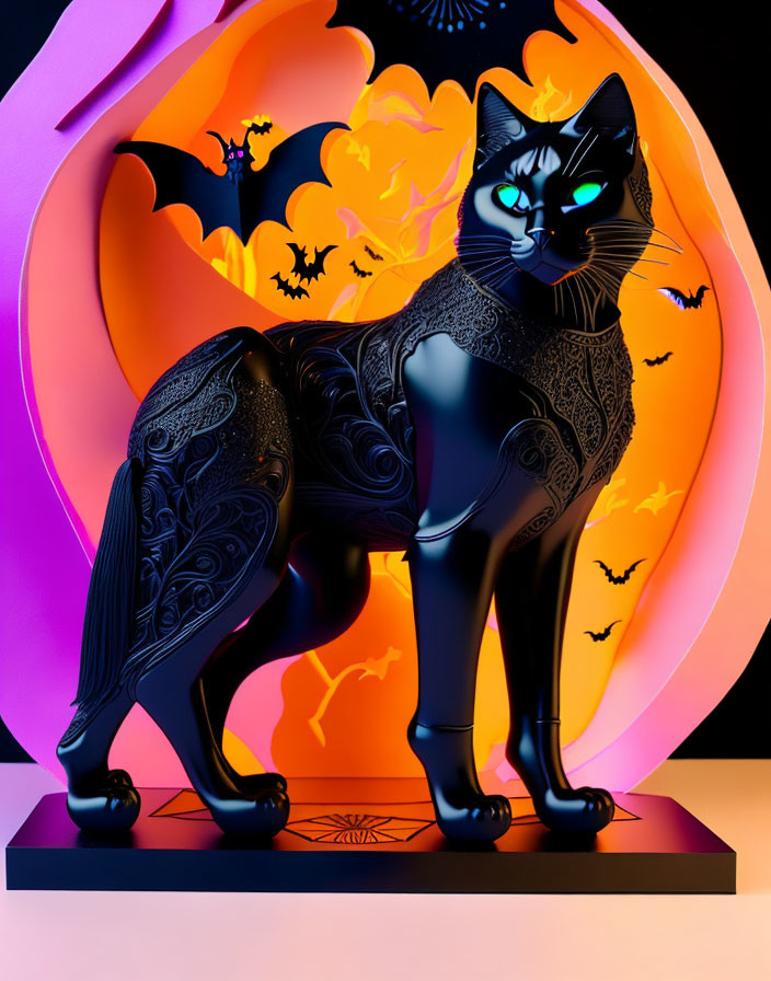 Stylized black cat with intricate designs on Halloween-themed backdrop