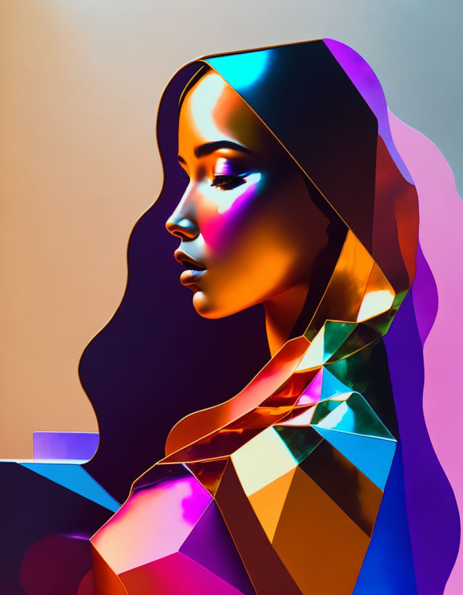 Colorful Geometric Digital Portrait of Woman in Warm to Cool Tones