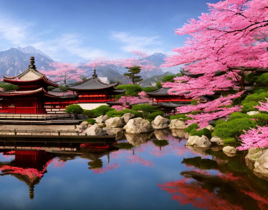 Asian Temples Surrounded by Cherry Blossoms and Pond