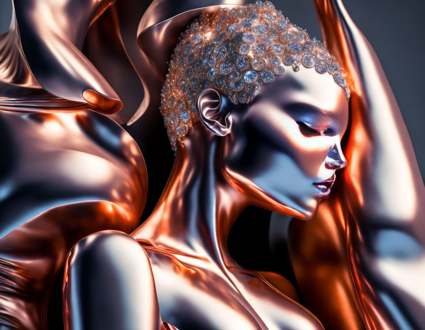 Futuristic digital artwork of metallic female figure with glistening headpiece