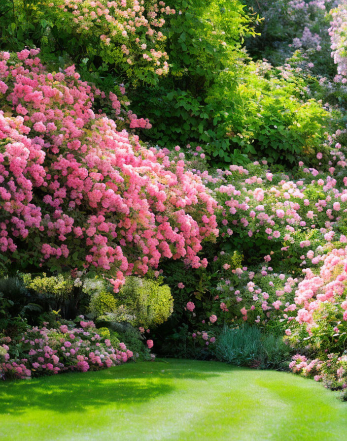 Vibrant pink azalea bushes in lush garden scene