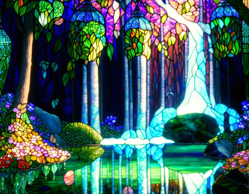 Colorful Forest Landscape Art with Stylized Trees and Water Reflections