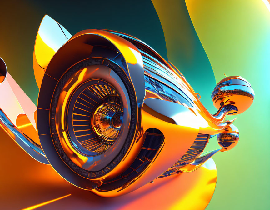 Futuristic shiny vehicle with prominent wheel on colorful gradient background