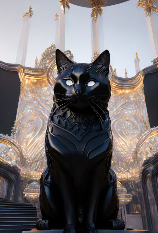 Black Cat Statue in Armored Attire Amid Luxurious Grand Hall