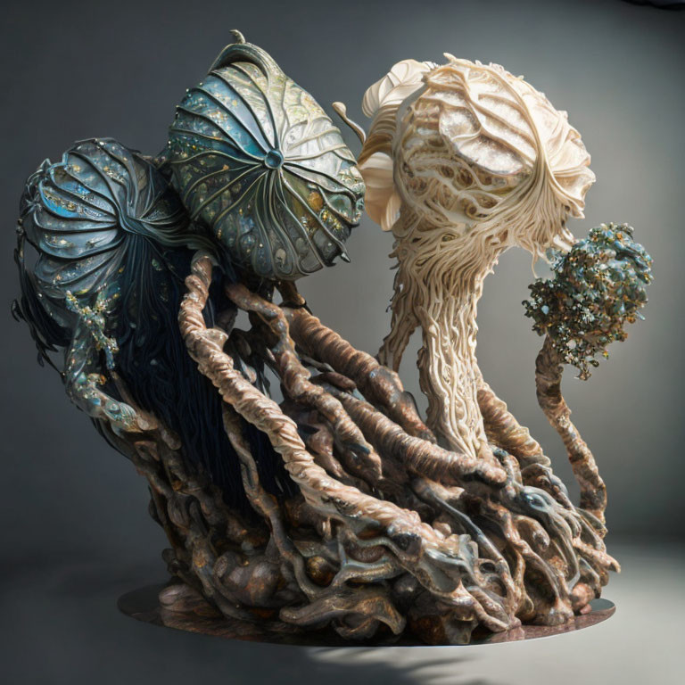 Intricate sculpture of stylized trees with sea creature-like canopies