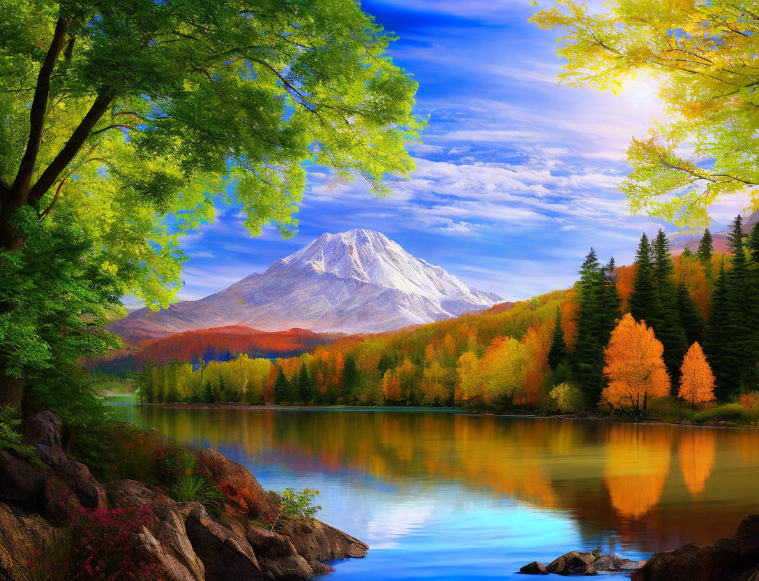 Tranquil lake with autumn trees, snow-capped mountain, and blue sky